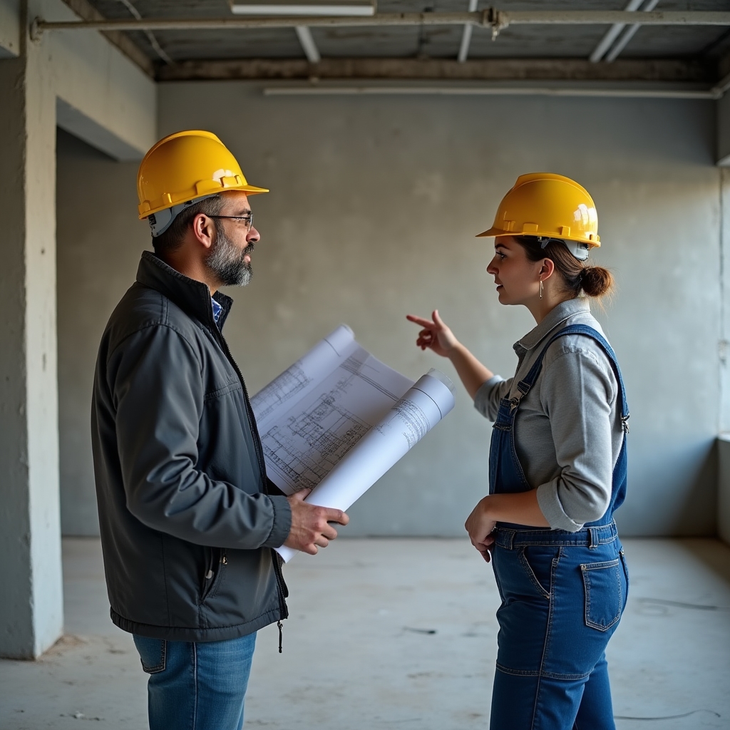 Project coordinator in a hard hat reviewing installation plans with a licensed electrician on a commercial construction site