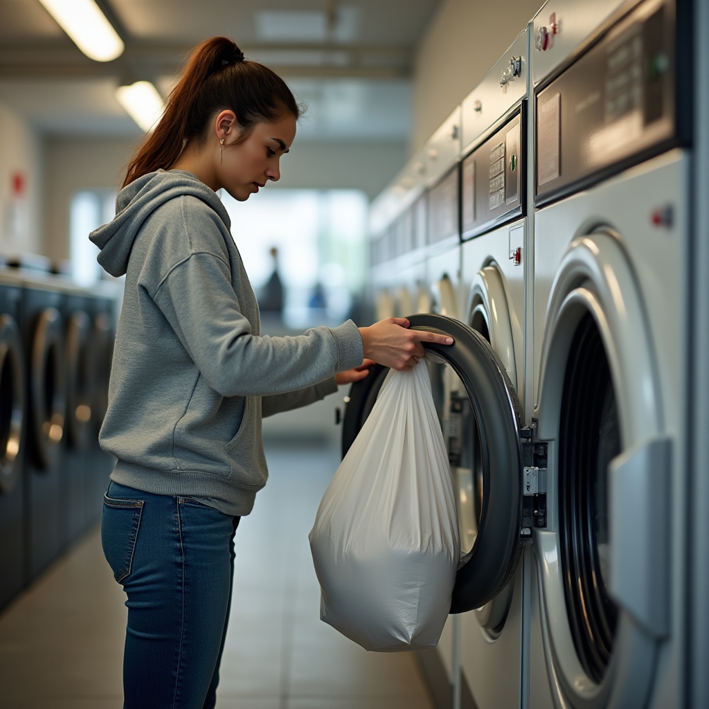 Customer loading laundry into a self-service washing machine in a clean modern laundromat, candid documentary photograph