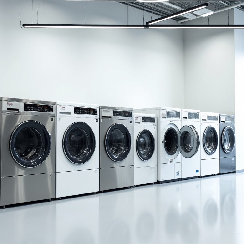Row of high-capacity European commercial washing machines in a manufacturer showroom, stainless steel and white finish under bright lighting