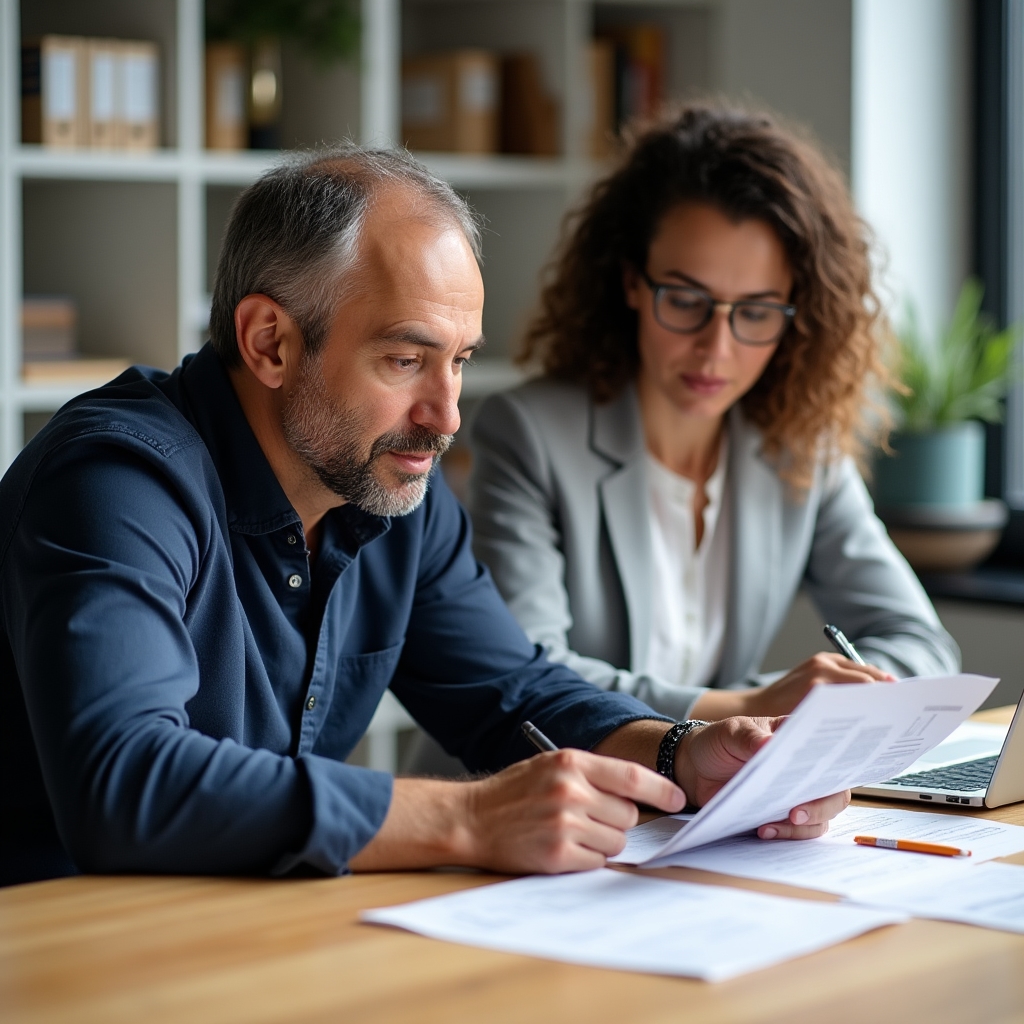 Investor reviewing laundromat business plan documents at a table with a consultant