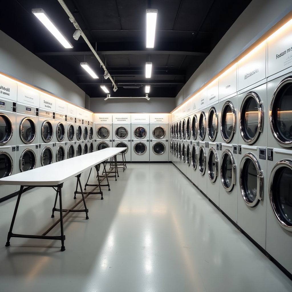 Modern self-service laundromat interior with rows of washing machines