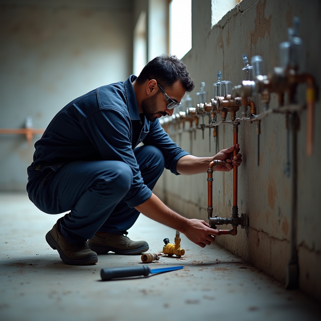 Licensed plumber installing water connections for commercial washing machines in a laundromat