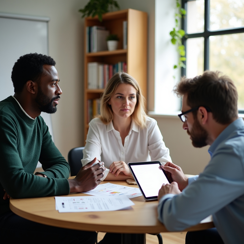Small business team gathered around a conference table reviewing project documents in a well-lit modern office