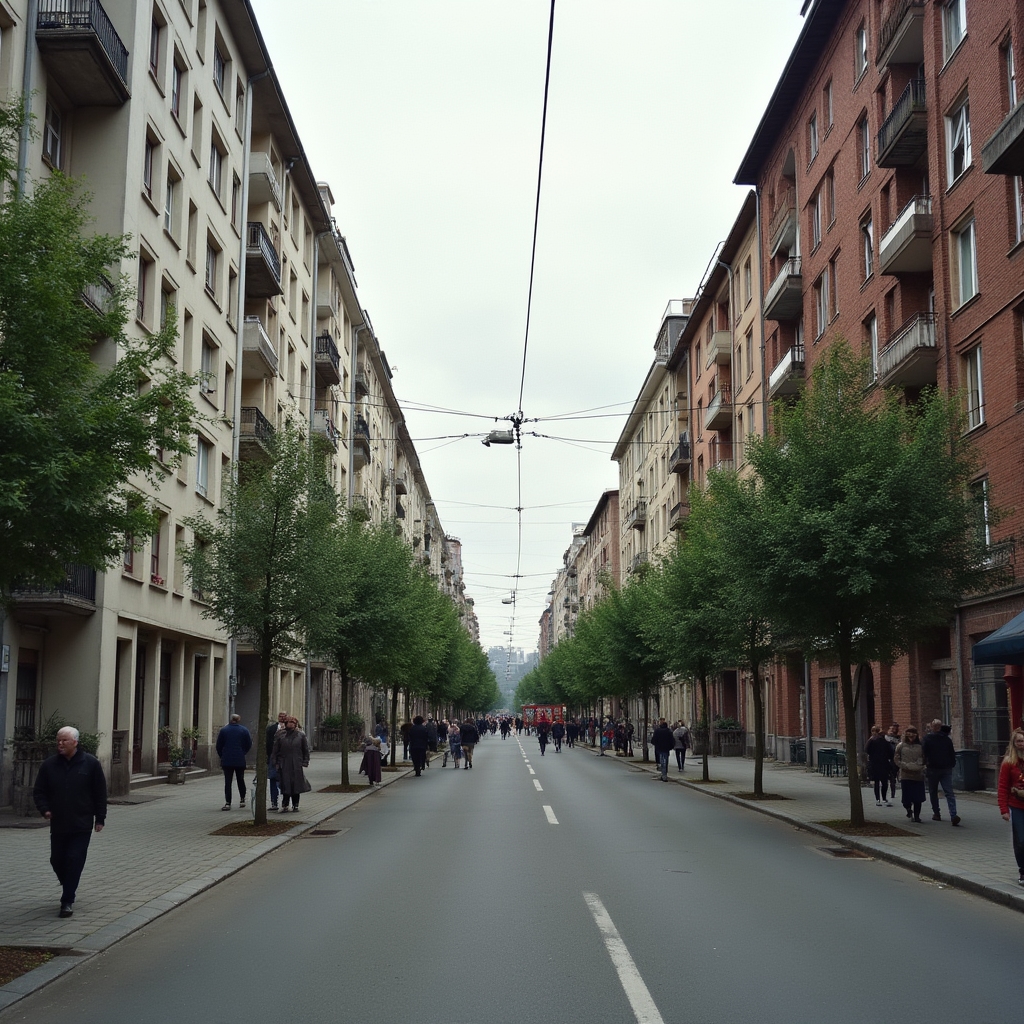 Dense residential street in a Polish city with apartment blocks and pedestrian pavement, typical urban neighbourhood suitable for laundromat